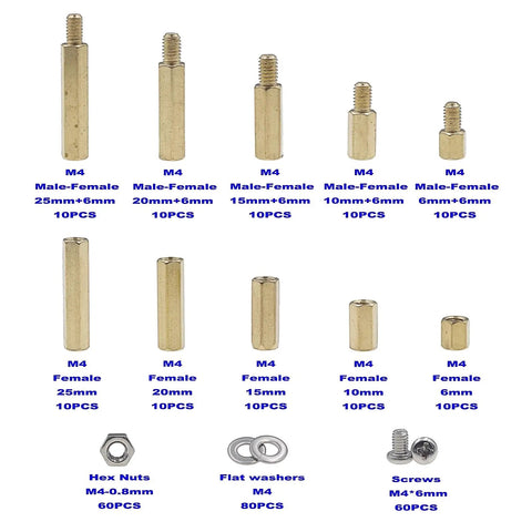 M4 Brass Hex Standoff Spacer Kit With Screws Nuts And Flat Washers 300 Piece Assortment Includes Male And Female Threads In 6mm To 25mm Lengths