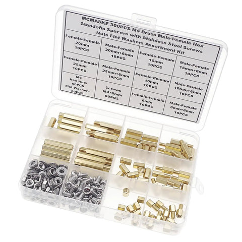 M4 Brass Hex Standoff Spacer Kit With Screws Nuts And Flat Washers 300 Piece Assortment Includes Male And Female Threads In 6mm To 25mm Lengths For All Your DIY Projects displayed in organizer box