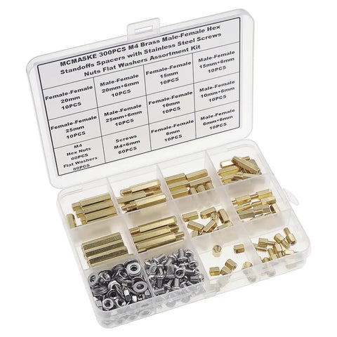 M4 Brass Hex Standoff Spacer Kit With Screws Nuts And Flat Washers 300 Piece Assortment Includes Male And Female Threads In 6mm To 25mm Lengths For All Your DIY Projects in clear organizer
