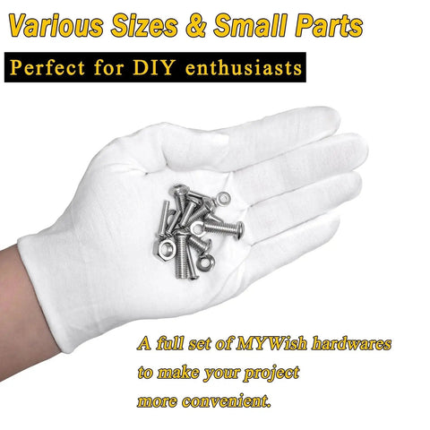 White gloved hand holding M4 Button Head Hex Socket Cap Screws And Nuts Kit In 304 Stainless Steel with washers, ideal for DIY projects.