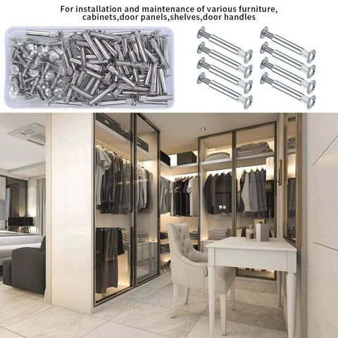 M4 Furniture Bolts And Sleeves 130 Pcs Cabinet Panel Connectors with Philips Head for wood cupboard and bed, shown in modern closet setting