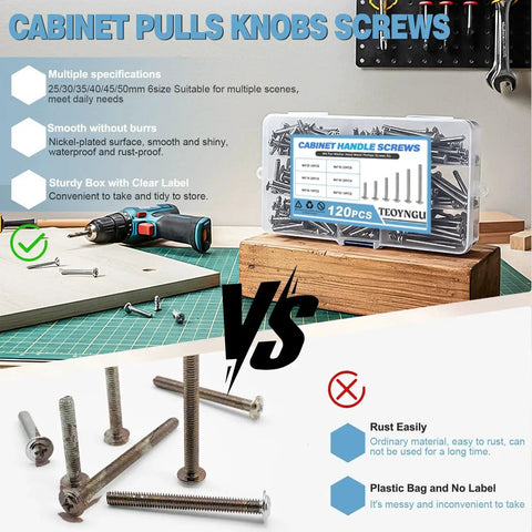 M4 Cabinet Screws Set 120Pcs Assortment Pan Washer Head Phillips Screws in storage box with installation tools, displayed on workbench.