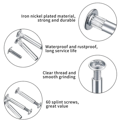 Close-up of M4 Furniture Bolts And Sleeves 130 Pcs Cabinet Panel Connectors with Philips Head showing nickel plating, thread detail, screws.