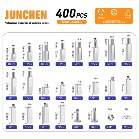 M4 Hex Standoff Spacer Kit For PCBs And Drones, 400 Pieces Of 304 Stainless Steel Spacers Set with Sizes and Quantities Displayed