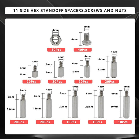 11 sizes of metal hex standoff spacers, screws, and nuts in 210 Piece M4 Hex Standoff Spacers Set Carbon Steel Male Female Metric Thread