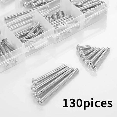 130 Pcs M4 Machine Screws Set With Phillips Pan Washer Head for cabinet pulls, shown in a clear organizer box with scattered screws.
