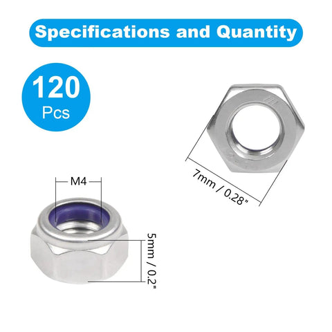 120Pcs M4 Nylon Insert Lock Nuts 0.7mm Pitch, 304 Stainless Steel Self Locking Hex Nuts For Rugged Industrial Construction Fasteners
