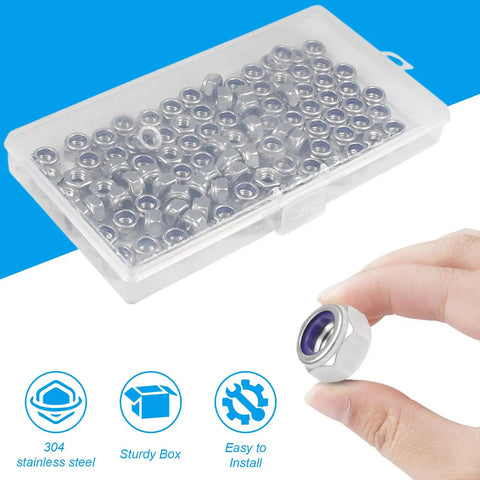 120Pcs M4 Nylon Insert Lock Nuts 0.7mm Pitch, 304 Stainless Steel Self Locking Hex Nuts For Rugged Industrial Construction Fasteners, Nylon Lock Nut With 5mm Height And 7mm Hex Width Yinpecly displayed in a plastic box, hand holding one nut