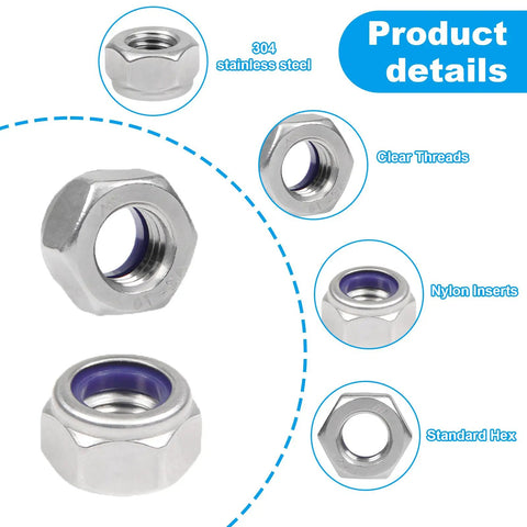 120Pcs M4 Nylon Insert Lock Nuts 0.7mm Pitch, 304 Stainless Steel Self Locking Hex Nuts, Rugged Industrial Construction Fasteners