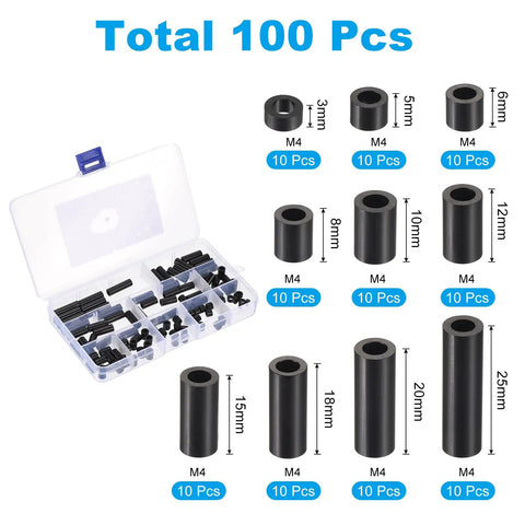 M4 Nylon Spacer Kit 100Pcs Non Threaded ABS Round Spacers Standoff Assortment arranged by size from 3mm to 25mm in a storage case