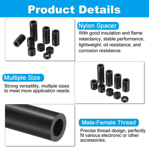 M4 Nylon Spacer Kit 100Pcs Non Threaded ABS Round Spacers Standoff Assortment for PCB Motherboard Circuit Board, multiple sizes shown.