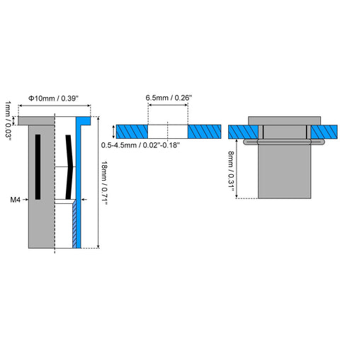 Diagram of Multi-Grip M4 Rivet Nuts Set, 30 Pack Pre Bulbed Shank Flat Head Threaded Inserts, Carbon Steel dimensions