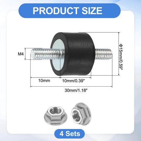 M4 X 10mm Rubber Mounts With 10 X 15mm Cylindrical Anti Vibration Isolators Studs And Nuts For Car Generators Air Compressors Durable Zinc Plated Shock Absorber Mounts 4 Pack, showing product dimensions.