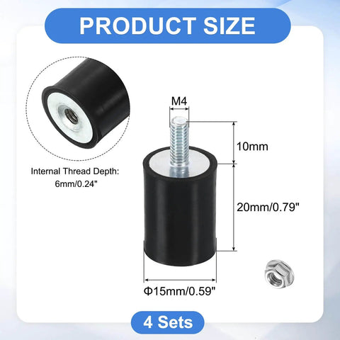 M4 Rubber Mounts 4 Pack 15x20mm Anti Vibration Isolators with Lock Nuts, shown with dimensions and zinc plated steel base