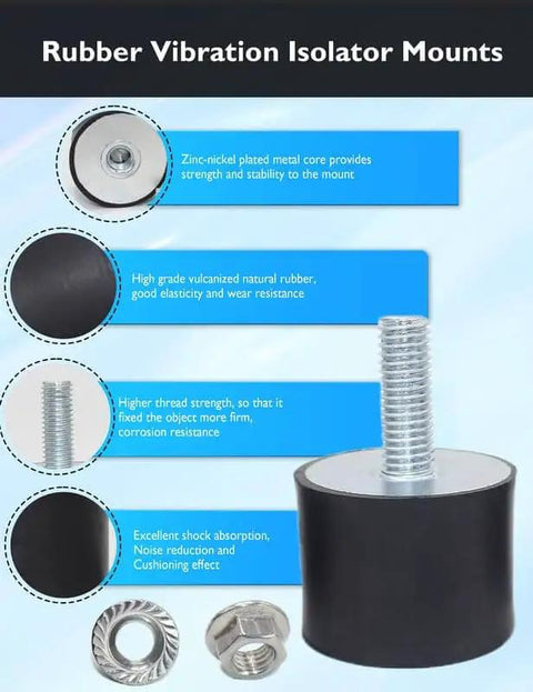 M4 Rubber Vibration Isolator Mounts With Single Stud Shock Absorber for Mechanical Vibration Damping shown with hex lock nuts.