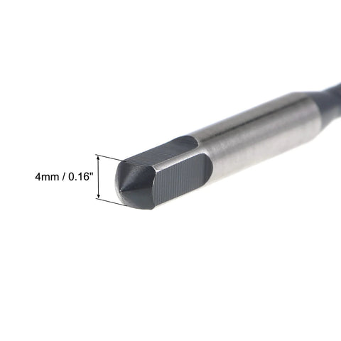 Close-up of M4 x 0.7 Spiral Flute Thread Tap showing round shank with square end, HSS nitriding coated, metric threading.