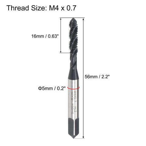 M4 x 0.7 Spiral Flute Thread Tap, Metric Machine Threading Tap HSS Nitriding Coated, side view with dimensions