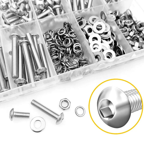 M4 Button Head Hex Socket Cap Screws And Nuts Kit In 304 Stainless Steel with washers, nuts, hex wrenches in a compartment box