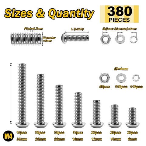 380-piece M4 Button Head Hex Socket Cap Screws And Nuts Kit In 304 Stainless Steel with various sizes and washers