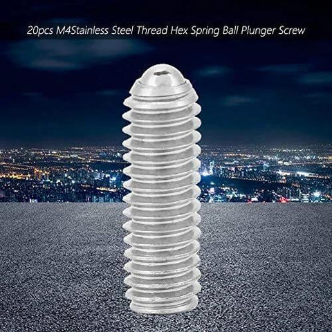 20 pcs M4 x 12 stainless steel ball plunger set screws with internal hex drive against city backdrop