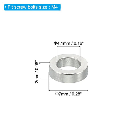 M4 Stainless Steel Spacers Set, 10 Pack Round Metal Standoffs, 4.1mm ID x 7mm OD x 2mm Thick, detailed dimensions, silver color