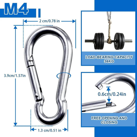 20 Pcs 304 Stainless Steel Spring Clasp Carabiners M4 Heavy Duty Hooks 1.57 Inch, dimensions and load capacity details