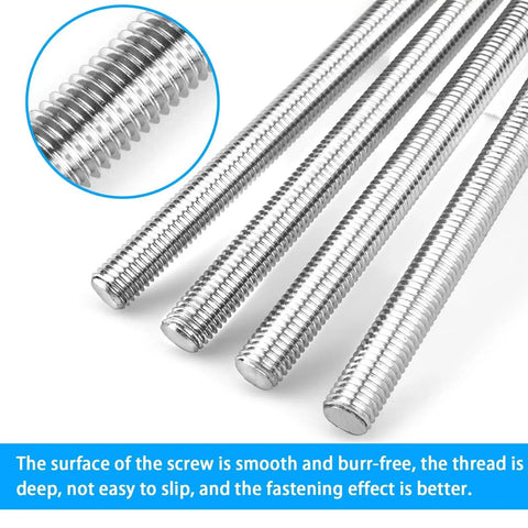 M4 250mm Fully Threaded Rod Set of Four in 304 Stainless Steel showing deep threads and smooth surface for high strength fastening.