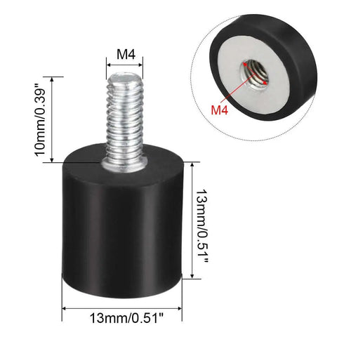 Efficient vibration isolation for small equipment with M4 threaded rubber mounts; 13x13mm shock-absorbing blocks, front view.