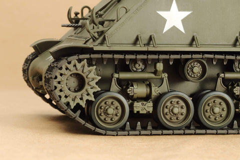 Close-up of wheel and tracks of Realistic 1 To 35 US Medium Tank M4A3E8 Sherman Scale Plastic Model Kit With Slide Molded Turret