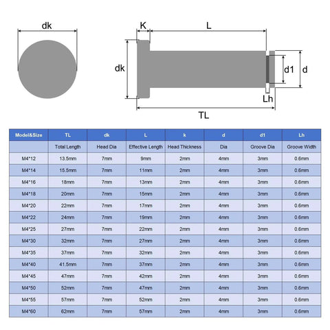 Technical drawing and size chart for M4x40mm 304 Stainless Steel Cylindrical Shaft Snap Ring Locating Pin With Flat Head Grooved Hinge Cylinder Position Pin And E Clip Retaining Ring Silver 20 Pack