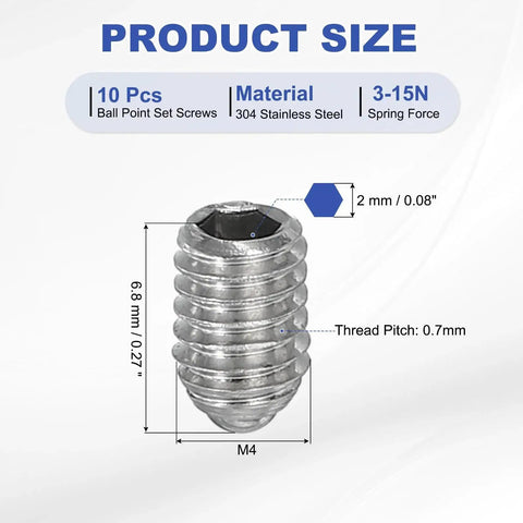 Ball Point Set Screws M4x6mm 304 Stainless Steel Hex Socket Spring Ball Point Grub Screws, dimensions and material details