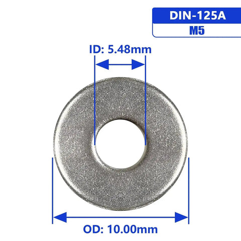 M5 X 10mm Flat Washer 304 Stainless DIN 125A Pack Of 100 showing inner and outer dimensions