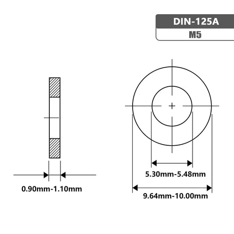 Diagram showing dimensions of M5 X 10mm Flat Washer 304 Stainless DIN 125A, including thickness and diameter measurements.