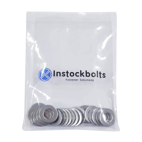 Pack of M5 X 10mm Flat Washer 304 Stainless DIN 125A, 100 pieces in clear packaging.