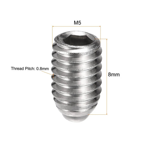 Front view of Ball Point Set Screws M5 X 8mm 304 Stainless Steel Hex Socket Ball Plungers showing dimensions and thread pitch.