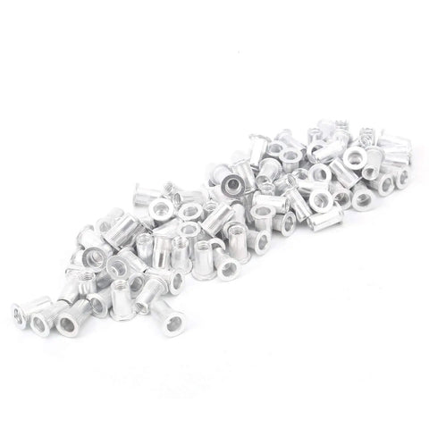 Image of 100 Pcs Aluminum Flat Head Vertical Pull Rivet Nuts Set M5 Auto Aviation Industrial Hardware WJ-30045M5 spread on white surface
