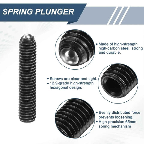 10 Pieces M5 By 25mm Screw Thread Ball Plungers With Hex Socket For Lubrication And Pneumatic Tools High Carbon Steel Construction Black Finish, showing high-strength steel and spring mechanism.