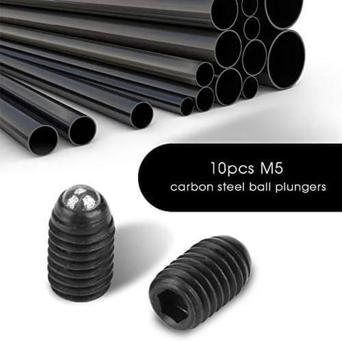 10 pack M5 x 20mm ball plunger screws with hex head, carbon steel spring loaded plungers for positioning displayed with metal pipes.
