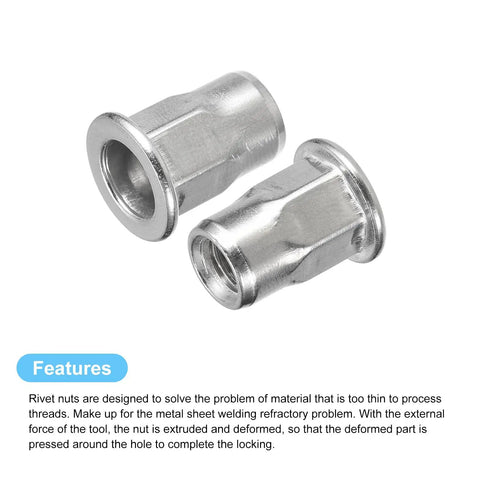 Close-up of Heavy Duty M5 Half Hex Rivet Nuts With Flat Head For Metal And Plastic 60Pcs Set In 304 Stainless Steel Threaded Insert Nuts