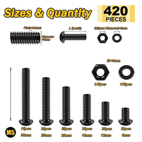 420 Piece M5 Nuts And Bolts Set With Hex Button Head Screws In 8mm 12mm 16mm 20mm 25mm And 30mm Lengths