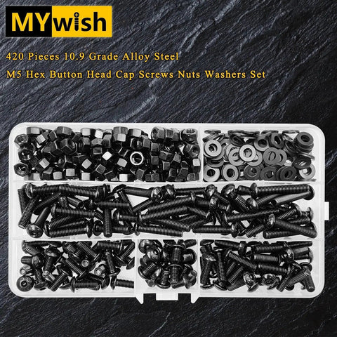 420 Piece M5 Nuts And Bolts Set With Hex Button Head Screws, including washers, nuts, in black alloy steel for DIY projects.