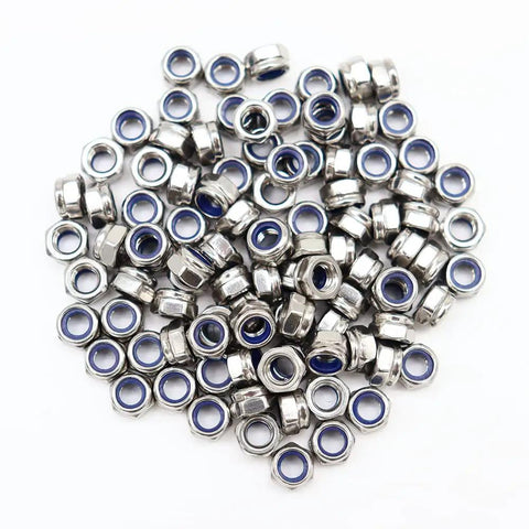 M5x0.8 Nylon Insert Hex Lock Nuts, 100 Pack, 304 Stainless Steel DIN985 Self Locking Nuts, Plain Finish displayed on white background.