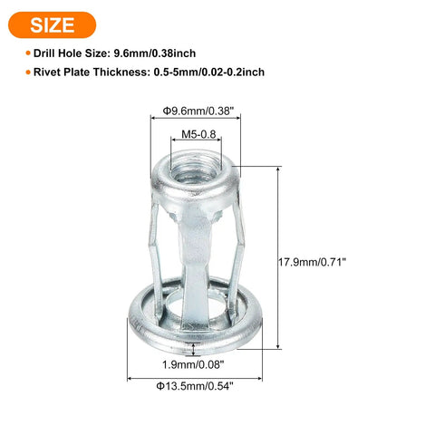 Diagram of Multi Grip Rivet Jack Nuts Set M5 0.8 Petal Carbon Steel With Zinc Finish showing dimensions and size details.