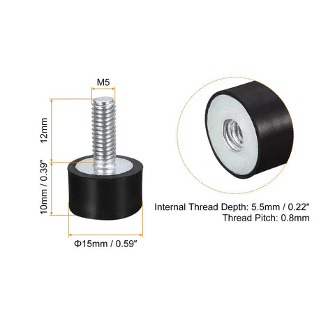 Beefy Rubber Mounts Set Eight Pcs M5 Male And Female Vibration Isolators Shock Absorbers, dimensions shown in diagram
