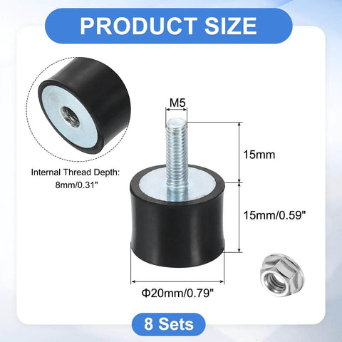 M5 Rubber Mounts 8Pcs 20x15mm Anti Vibration Isolators With Lock Nuts For Cars Generators And Air Compressors