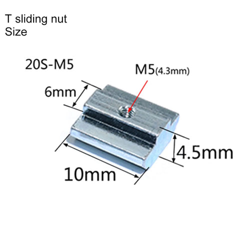 Close-up of 50 Pcs M5 Sliding T Nuts for 2020 Aluminum Extrusion with 6mm Slot, Nickel Plated Carbon Steel material.