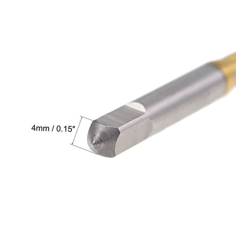 Close-up of Spiral Point Plug Threading Tap M5 x 0.8, HSS 6542, showing 4mm width, titanium coating, suitable for metric screw taps.
