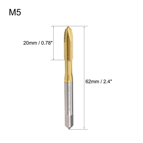 Spiral Point Plug Threading Tap M5 x 0.8 Thread, Ground Threads H2 3 Flutes, High Speed Steel HSS 6542, Titanium Coated, Metric