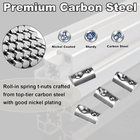 M5 Roll In Spring Loaded T Nuts 100 Pcs M5x0.8 Nickel Plated Carbon Steel For 20x20 Aluminum Extrusions 20 Series image