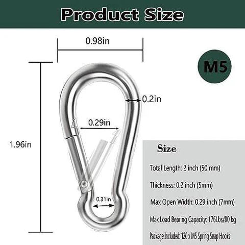 Diagram showing dimensions of 120 Pcs M5 Spring Snap Hook Carabiner Set, 2 Inch Small Carabiner Clip, Heavy Duty Galvanized Steel Spring Clip.